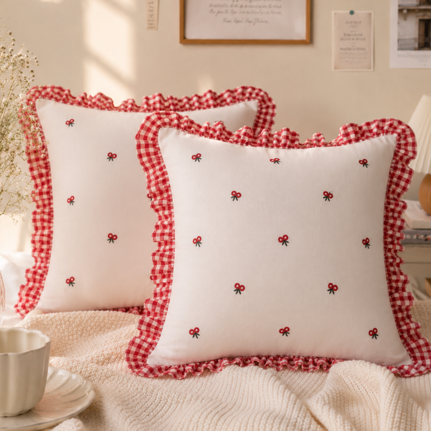 Cherry Bow Frill Cushion Cover