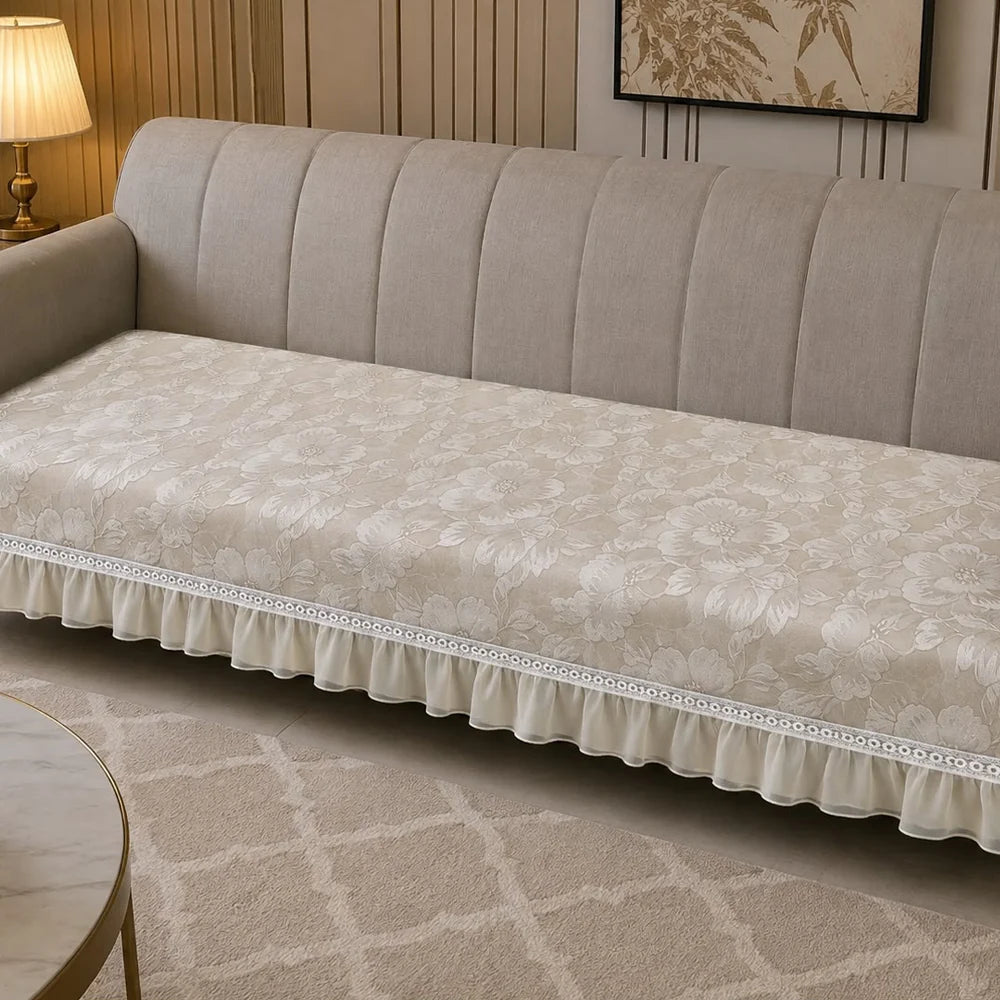 Floral Ivory Cream Anti-Skid Sofa Cover | Premium Suede Custom Sofa Cover with Frills