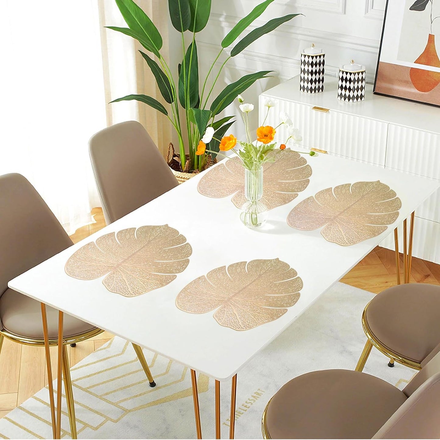 Palm leaves Gold decor Placemats Set of 6, 15X12 inches - Heat proof and Washable Tablemats
