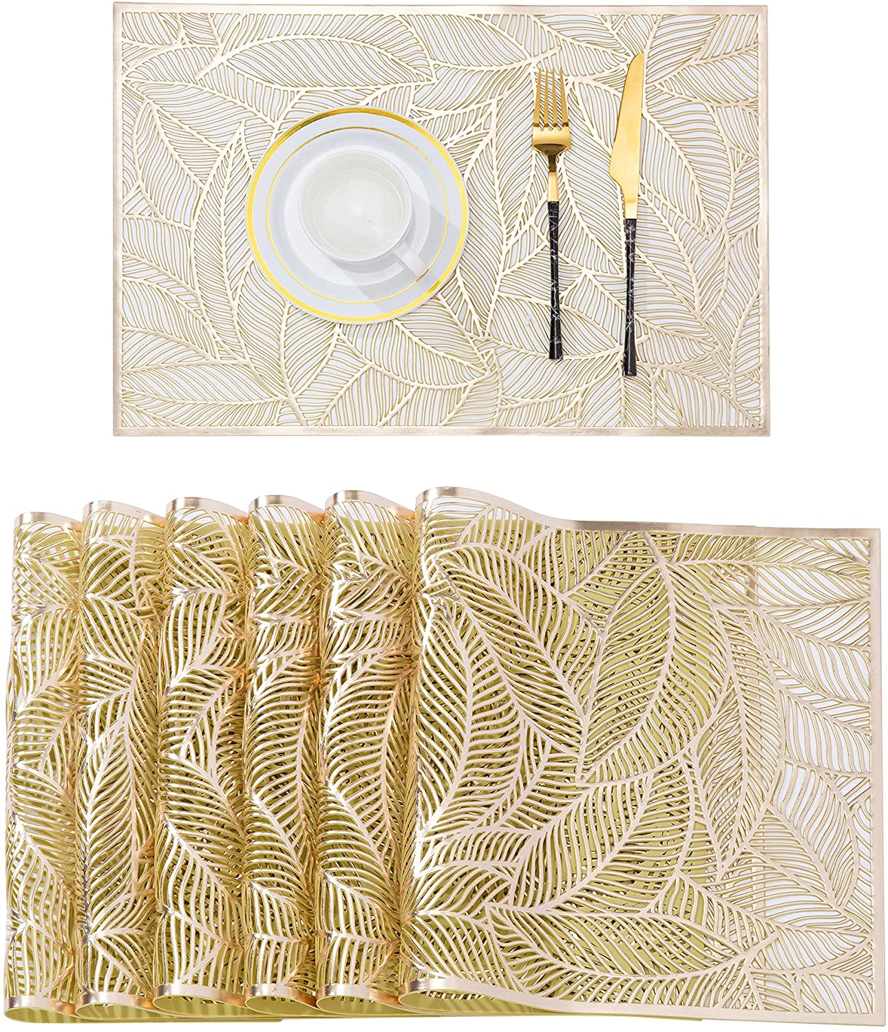 Golden Leaf Placemats Set of 6 pcs, heatproof, washable tablemats 45x30cm