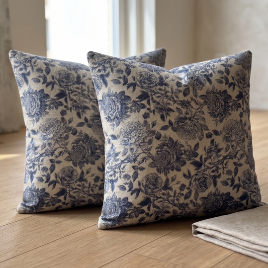 Blue Floral Cotton Cushion Cover | Premium Decorative Cushion Cover | Cushion Charm