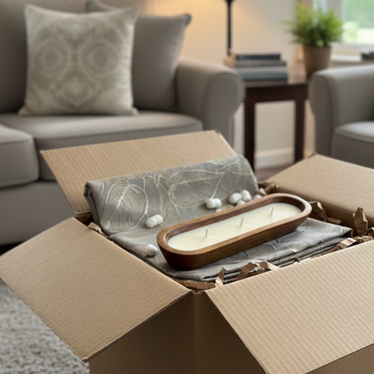 Leaf Design Table Runner & Wooden Dough Bowl Candle