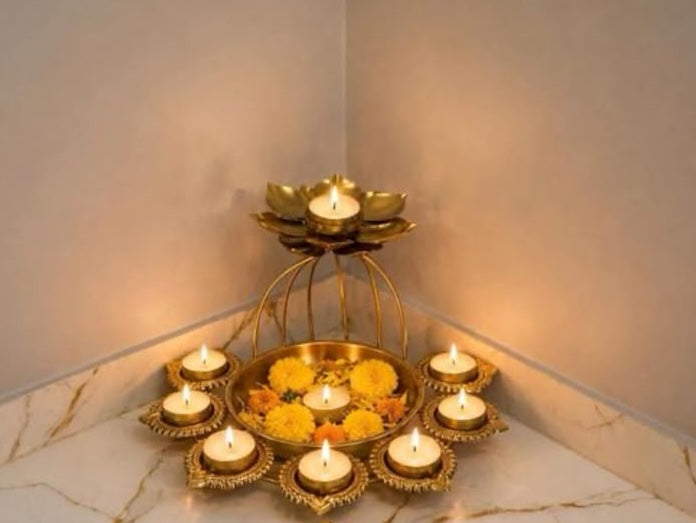Jyoti Urli Tea Light Holder – Golden Festive Centerpiece for Diwali & Pooja Decor
