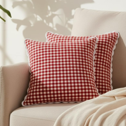 Red Gingham Cotton Cushion Cover | Checked Cushion Cover with Crochet Border | Cushion Charm