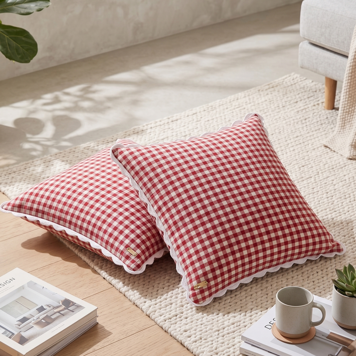Red Gingham Cotton Cushion Cover | Checked Cushion Cover with Crochet Border | Cushion Charm