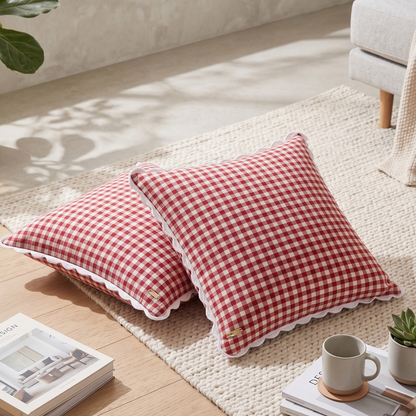 Red Gingham Cotton Cushion Cover | Checked Cushion Cover with Crochet Border | Cushion Charm