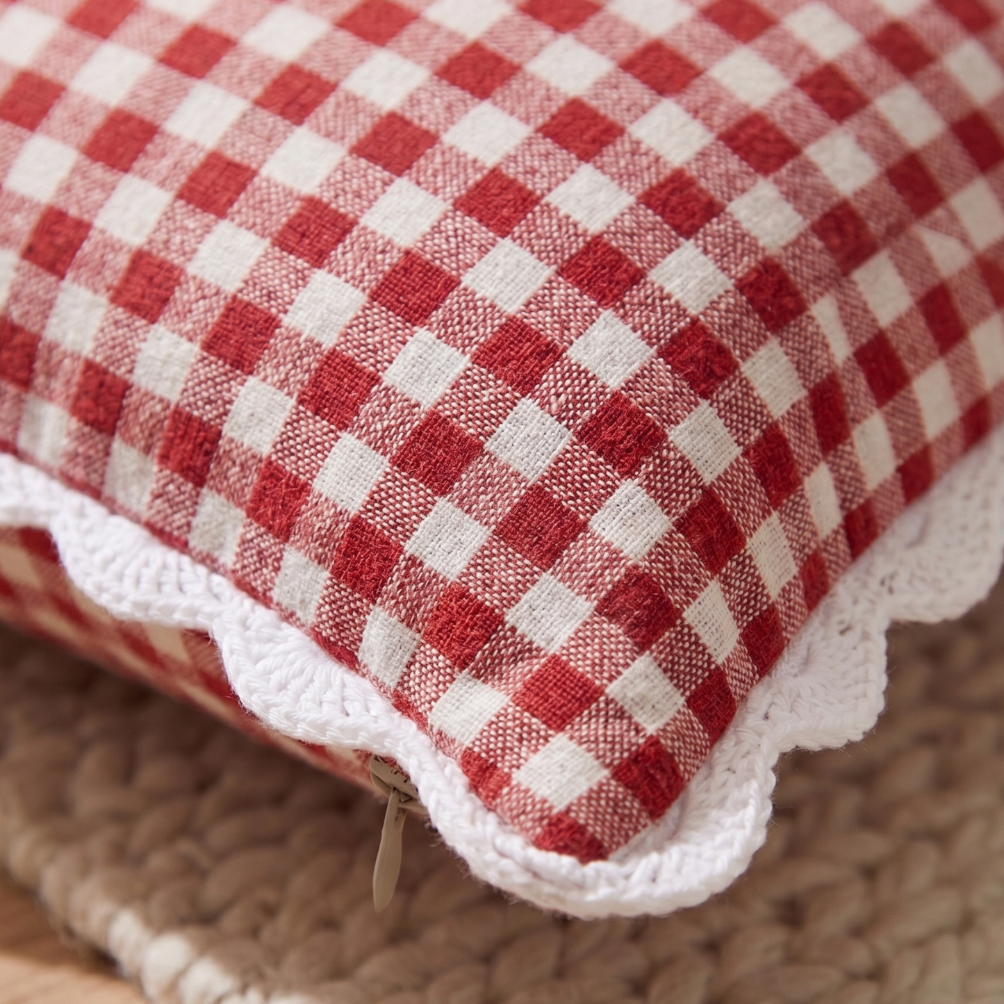 Red Gingham Cotton Cushion Cover | Checked Cushion Cover with Crochet Border | Cushion Charm