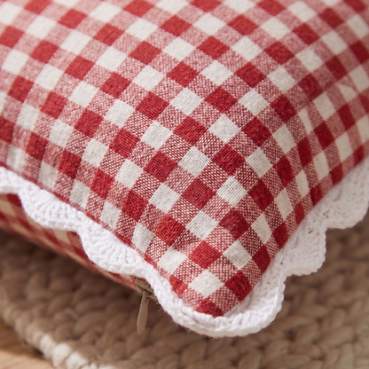 Red Gingham Cotton Cushion Cover | Checked Cushion Cover with Crochet Border | Cushion Charm
