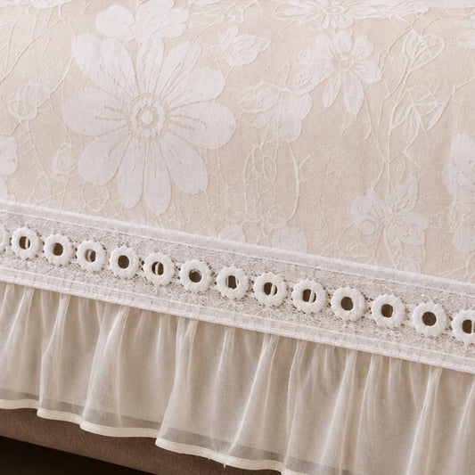 Floral Ivory Cream Anti-Skid Sofa Cover | Premium Suede Custom Sofa Cover with Frills