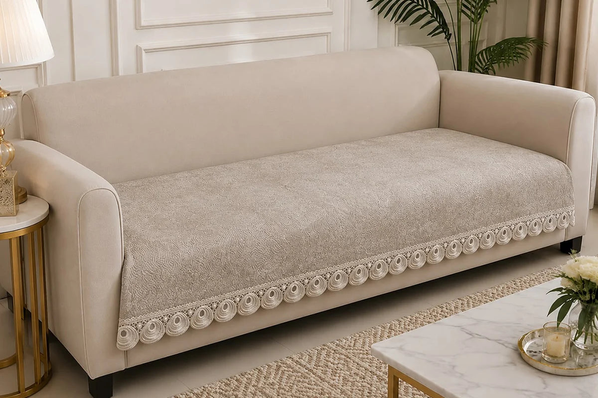 Neutral Beige embossed Lace Sofa Cover | Luxury Anti-Slip Sofa Cover