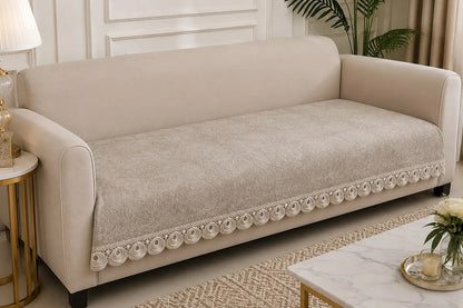 Neutral Beige embossed Lace Sofa Cover | Luxury Anti-Slip Sofa Cover