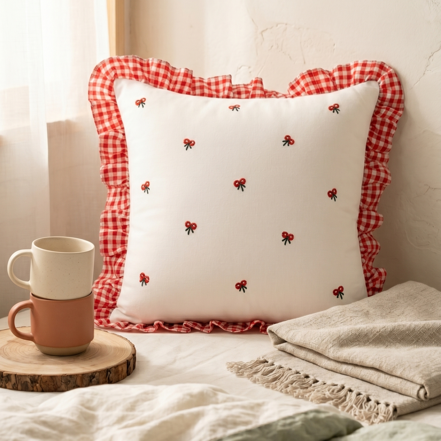 Cherry Bow Frill Cushion Cover
