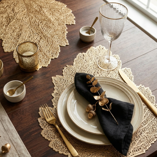 Golden Leaf Placemats Set of 2 | Washable Heat Resistant Vinyl Table Mats
