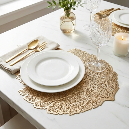 Golden Leaf Placemats Set of 2 | Washable Heat Resistant Vinyl Table Mats