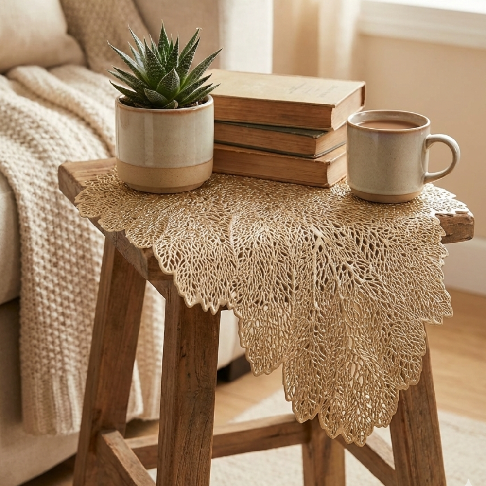 Golden Leaf Placemats Set of 2 | Washable Heat Resistant Vinyl Table Mats