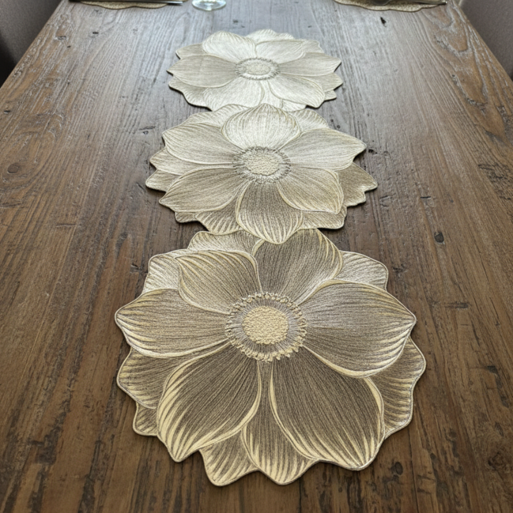 Golden Floral Table Runner 13x36 Inch | Heat Resistant PVC Vinyl Center Table Runner