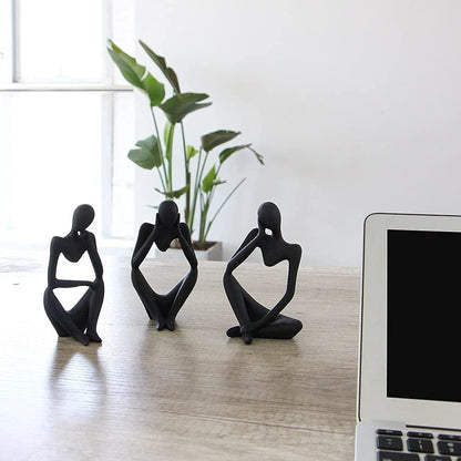 Modern Thinker Figurine Set – 3 Piece Black Resin Sculpture Décor