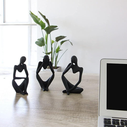Modern Thinker Figurine Set – 3 Piece Black Resin Sculpture Décor