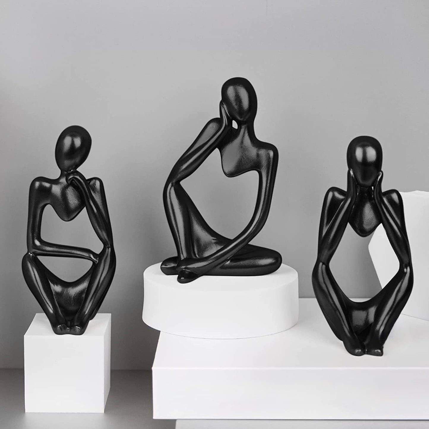 Modern Thinker Figurine Set – 3 Piece Black Resin Sculpture Décor