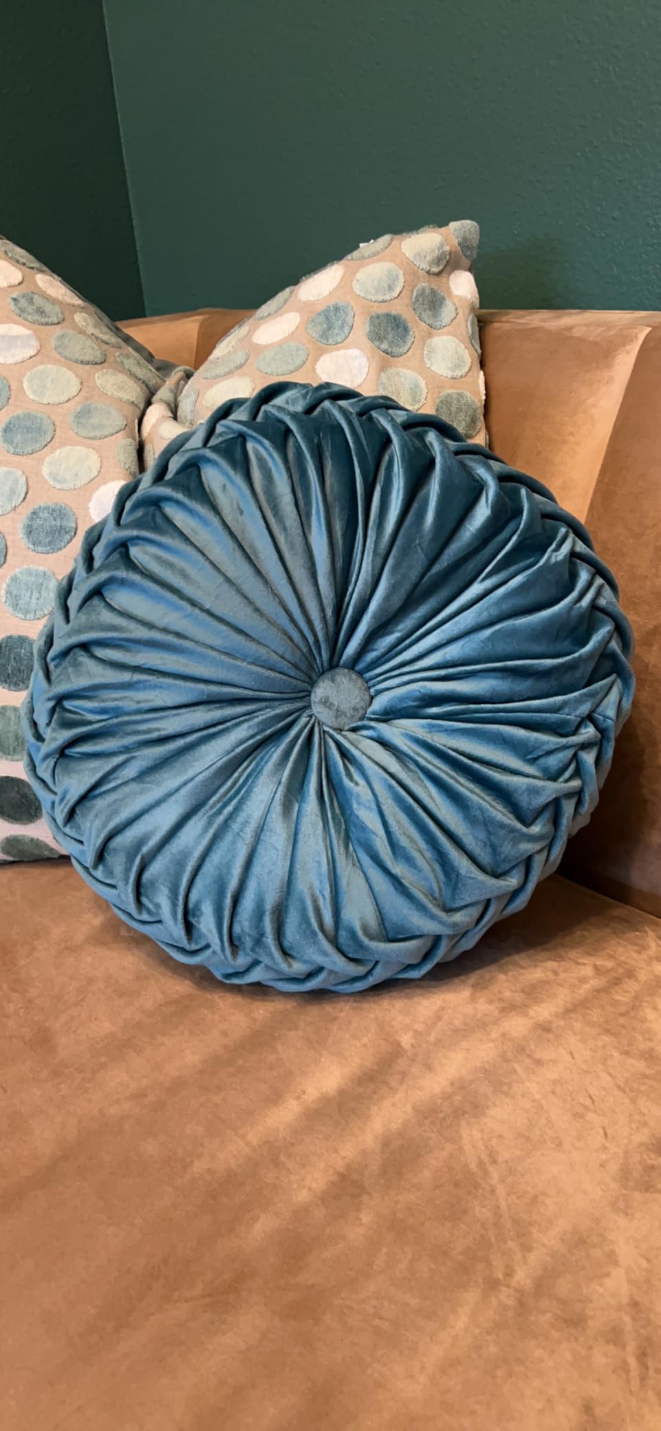 Round filled sofa cushion Velvet Home Decoration Pleated Round Pillow Cushion for Couch Chair Bed (Teal)