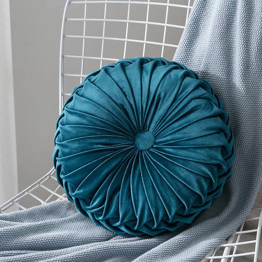 Round filled sofa cushion Velvet Home Decoration Pleated Round Pillow Cushion for Couch Chair Bed (Teal)