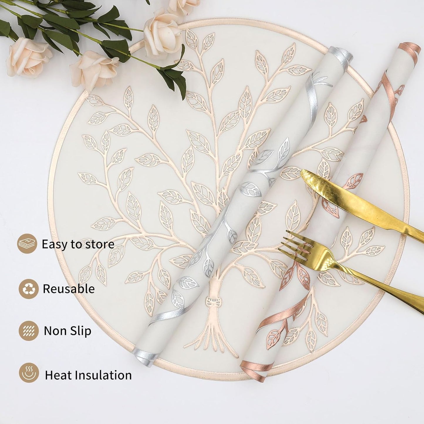 White Gold Pearl Flower Round placemats set of 6 pieces