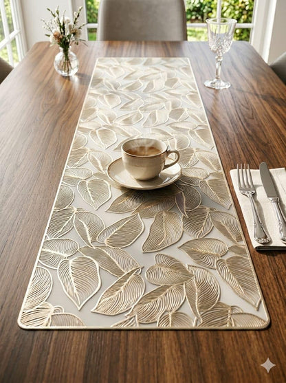 Golden Leaf Cream Gold Table Runner 13x36 Inch | Cream PVC Vinyl Heat Resistant Table Runner