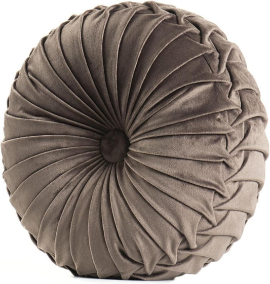 Round filled sofa cushion Velvet Home Decoration Pleated Round Pillow Cushion for Couch Chair Bed (Brown)
