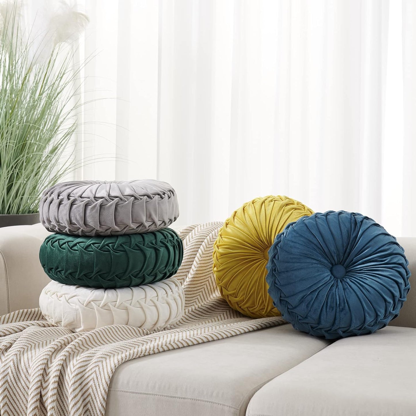 Round filled sofa cushion Velvet Home Decoration Pleated Round Pillow Cushion for Couch Chair Bed (Teal)