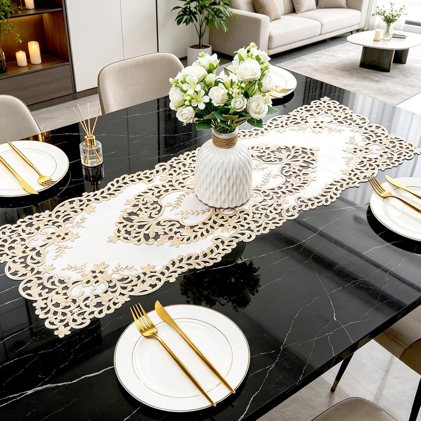 Noor Floral PVC Table Runner – Elegant Festive Decor for Every Home