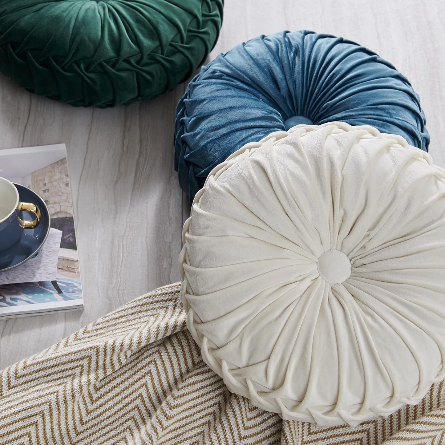 Round filled sofa cushion Velvet Home Decoration Pleated Round Pillow Cushion for Couch Chair Bed (Teal)