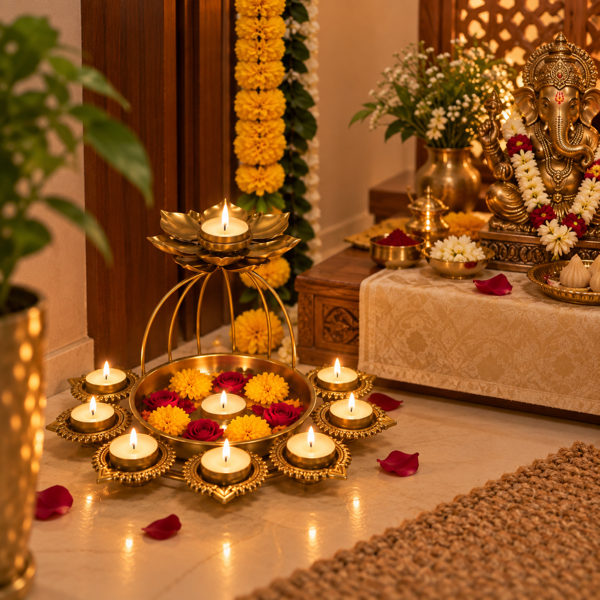Jyoti Urli Tea Light Holder – Golden Festive Centerpiece for Diwali & Pooja Decor