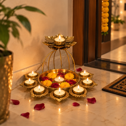 Jyoti Urli Tea Light Holder – Golden Festive Centerpiece for Diwali & Pooja Decor