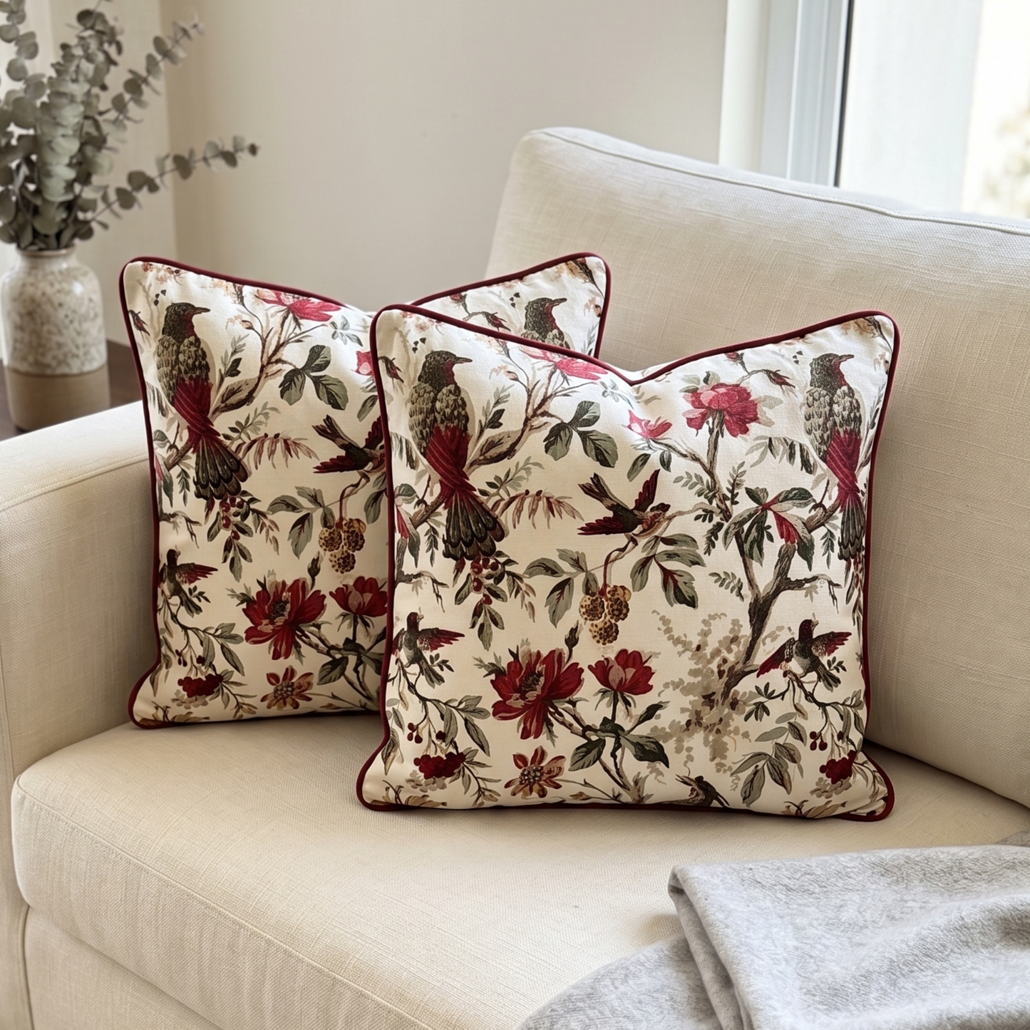 Blooming Bird Cotton Cushion Cover 16x16 inches