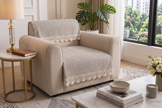 Neutral Beige embossed Lace Sofa Cover | Luxury Anti-Slip Sofa Cover