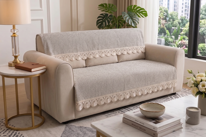 Neutral Beige embossed Lace Sofa Cover | Luxury Anti-Slip Sofa Cover
