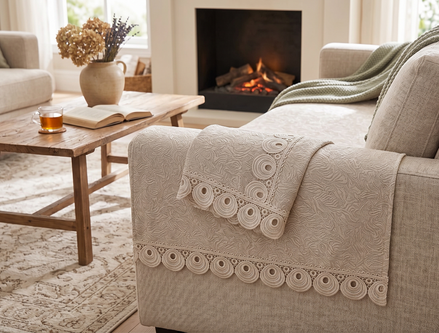 Neutral Beige embossed Lace Sofa Cover | Luxury Anti-Slip Sofa Cover