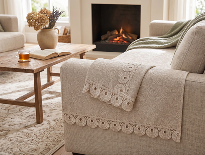 Neutral Beige embossed Lace Sofa Cover | Luxury Anti-Slip Sofa Cover