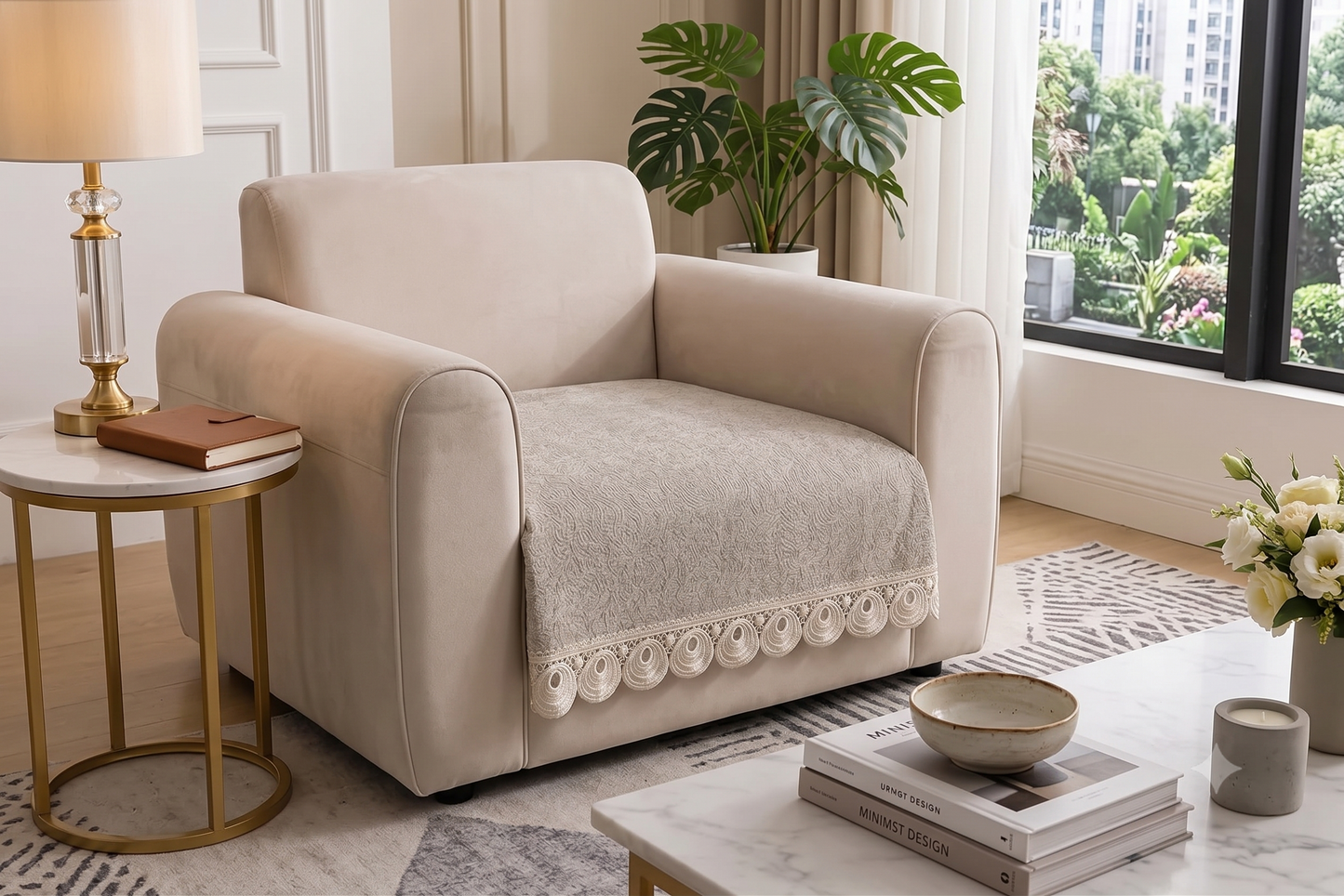 Neutral Beige embossed Lace Sofa Cover | Luxury Anti-Slip Sofa Cover