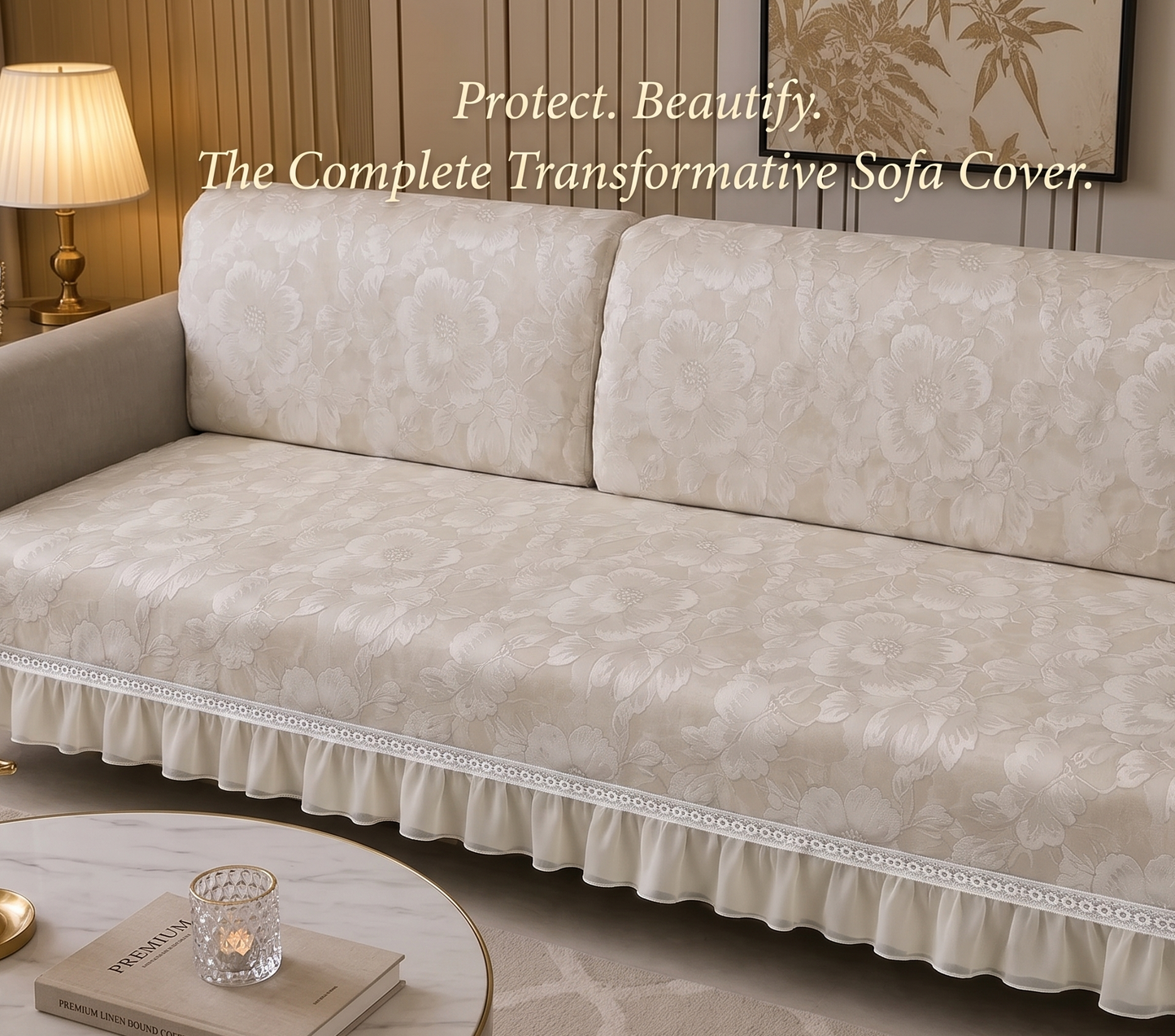 Floral Ivory Cream Anti-Skid Sofa Cover | Premium Suede Custom Sofa Cover with Frills