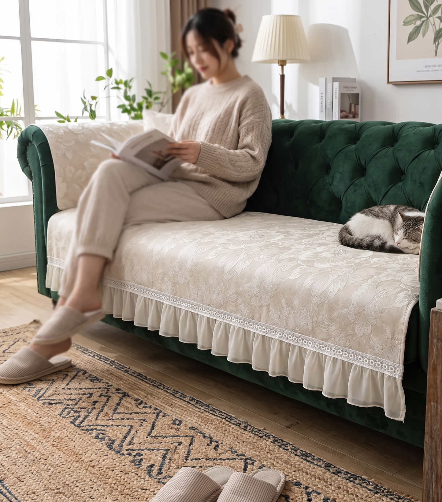 Floral Ivory Cream Anti-Skid Sofa Cover | Premium Suede Custom Sofa Cover with Frills