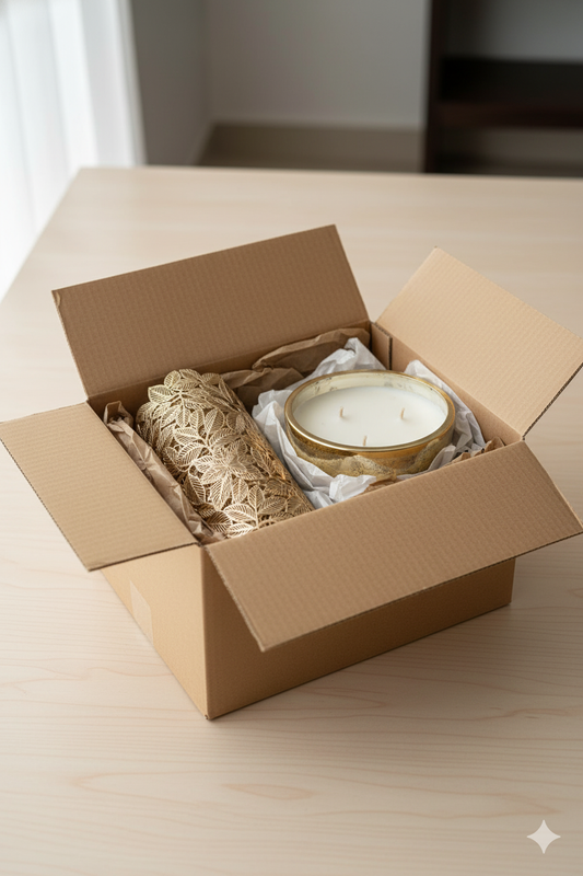 Radiant Table Gift Box – 6 Gold Table Mats + Brass 3-Wick Candle