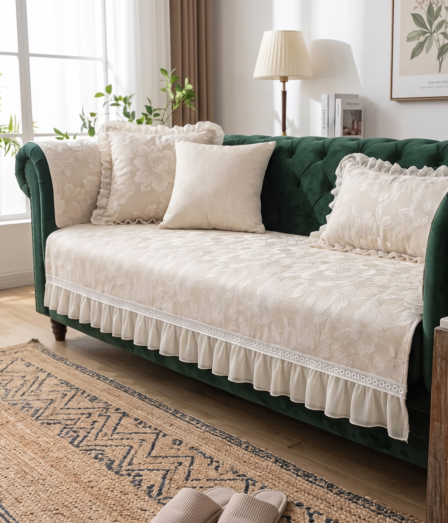 Floral Ivory Cream Anti-Skid Sofa Cover | Premium Suede Custom Sofa Cover with Frills