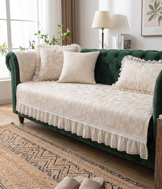 Floral Ivory Cream Anti-Skid Sofa Cover | Premium Suede Custom Sofa Cover with Frills