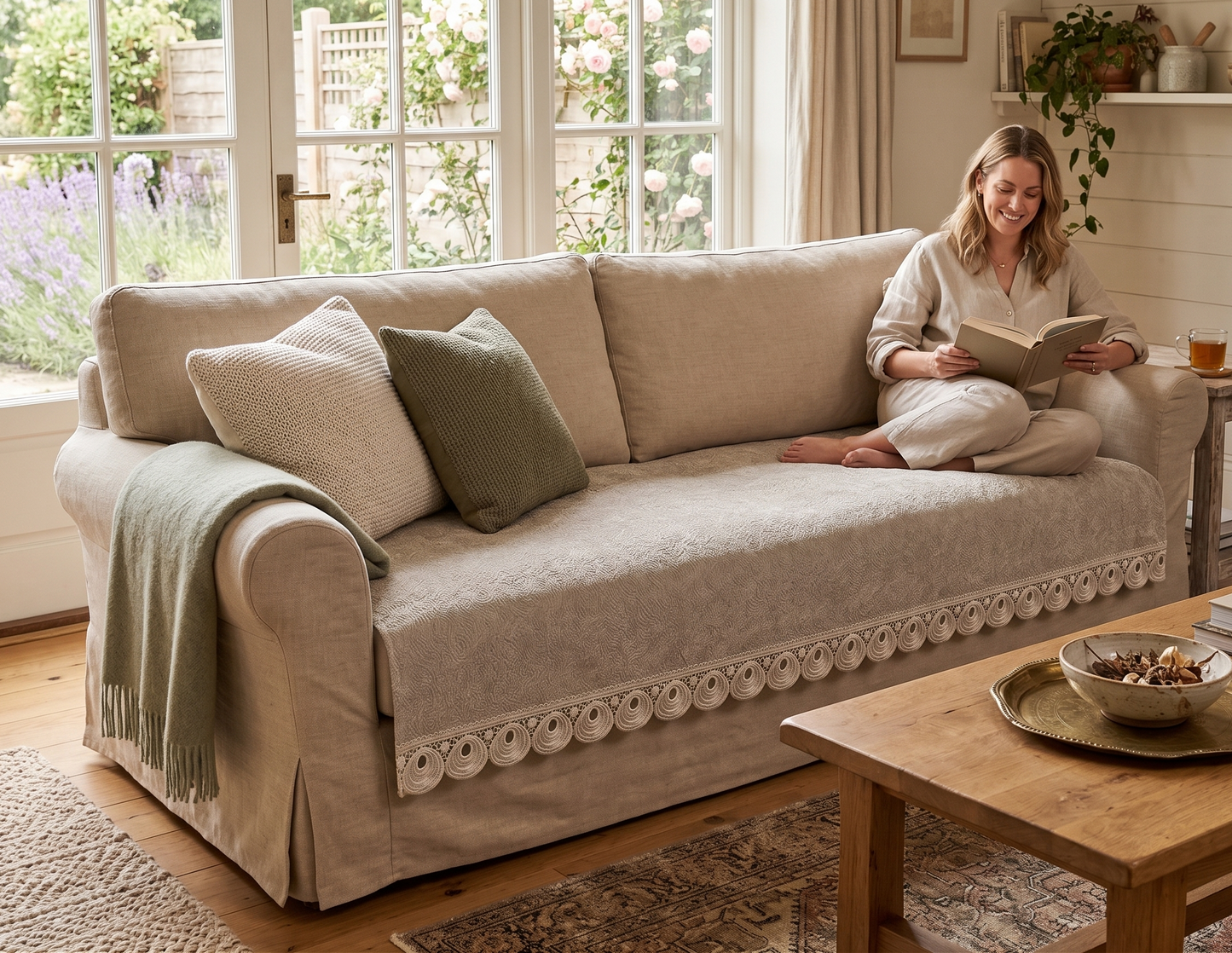 Neutral Beige embossed Lace Sofa Cover | Luxury Anti-Slip Sofa Cover