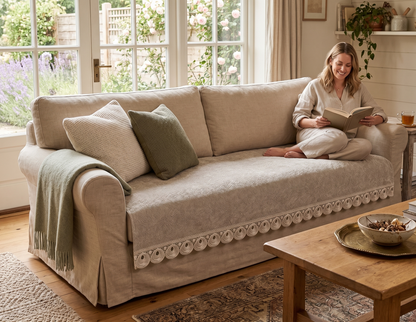 Neutral Beige embossed Lace Sofa Cover | Luxury Anti-Slip Sofa Cover
