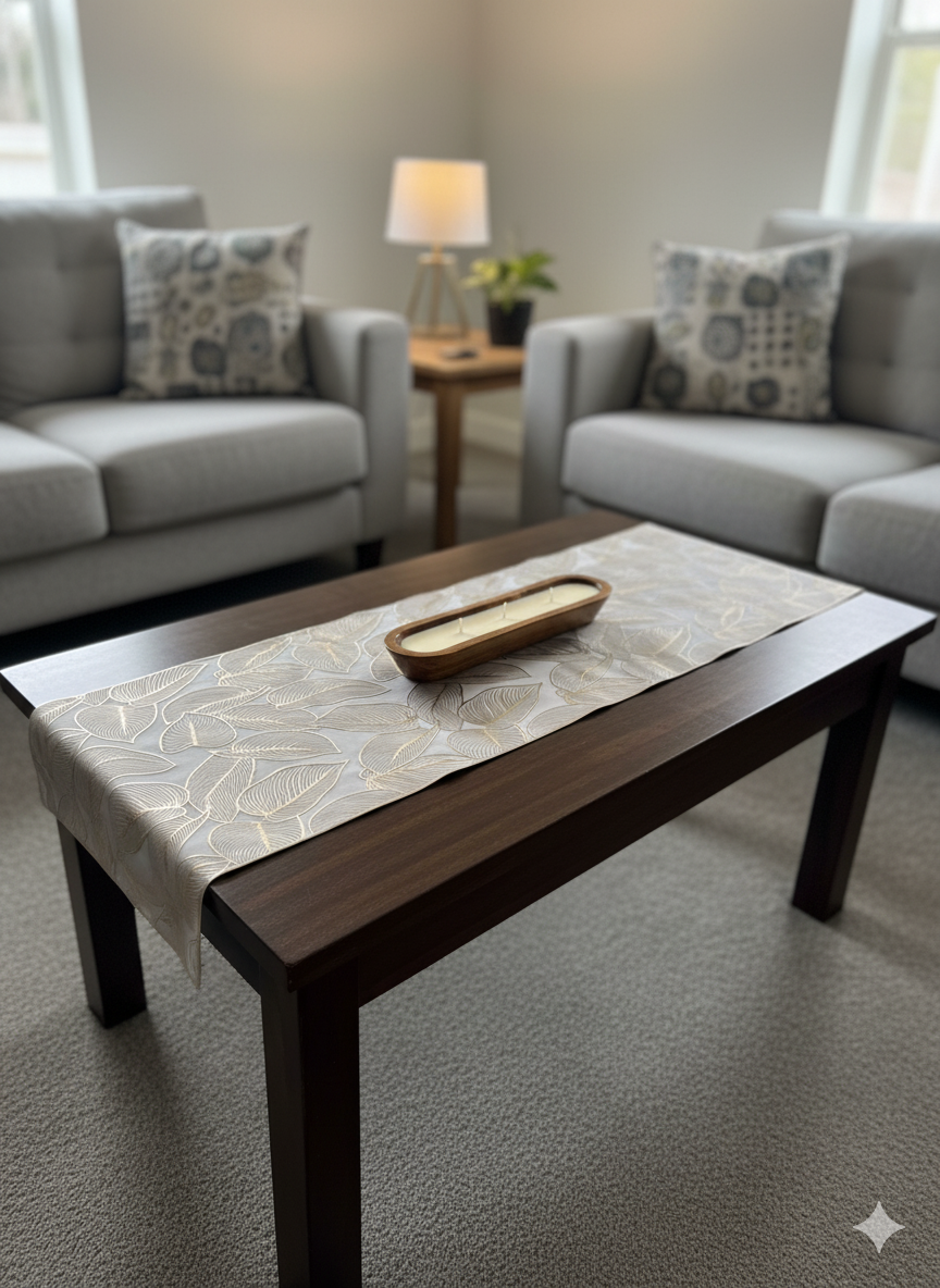 Leaf Design Table Runner & Wooden Dough Bowl Candle