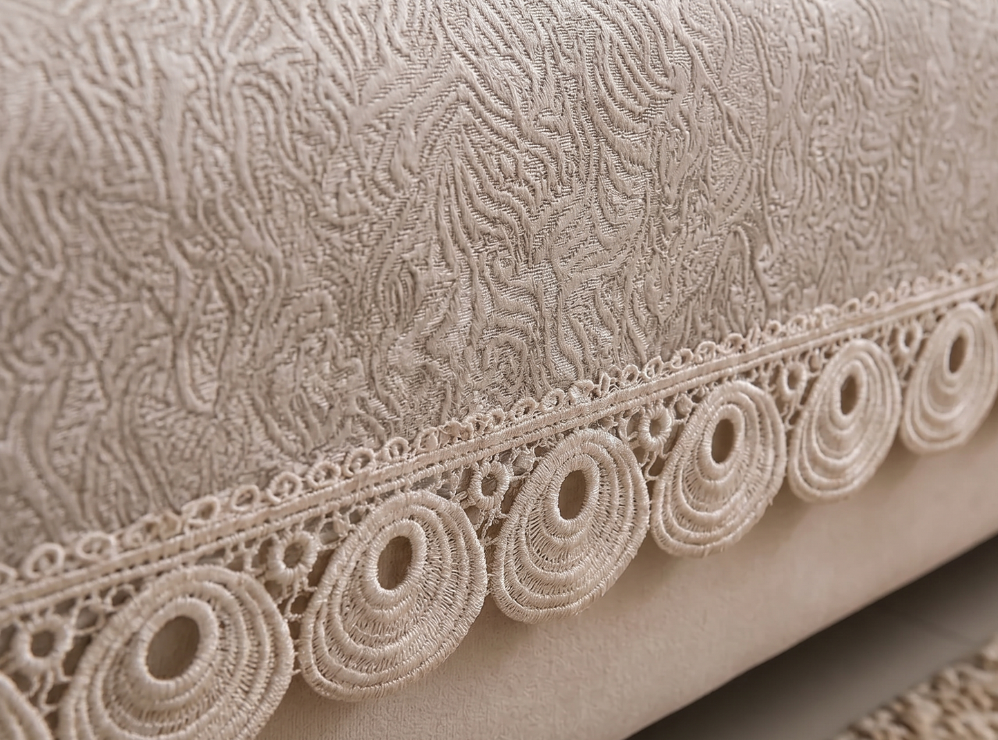 Neutral Beige embossed Lace Sofa Cover | Luxury Anti-Slip Sofa Cover