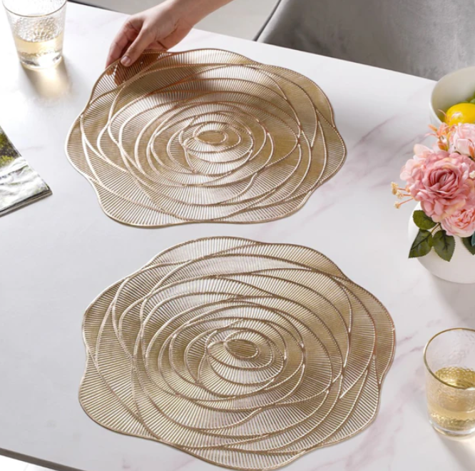 Rose flower Gold Placemats set of 2pcs, heat proof, washable tablemats