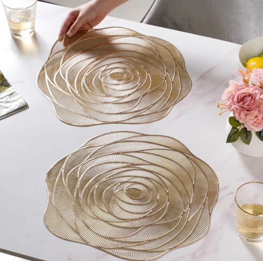 Rose flower Gold Placemats set of 2pcs, heat proof, washable tablemats